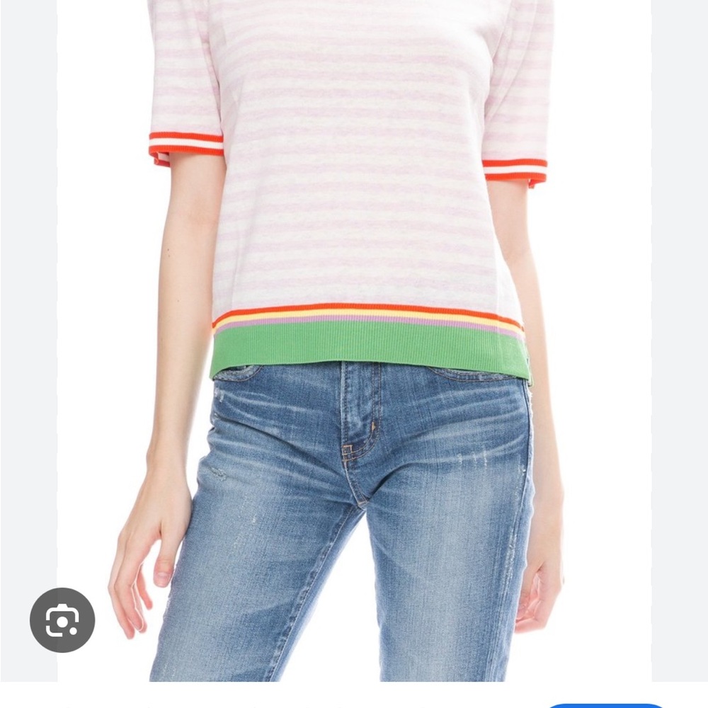 KULE Pink and Green Striped Short Sleeve Sweater